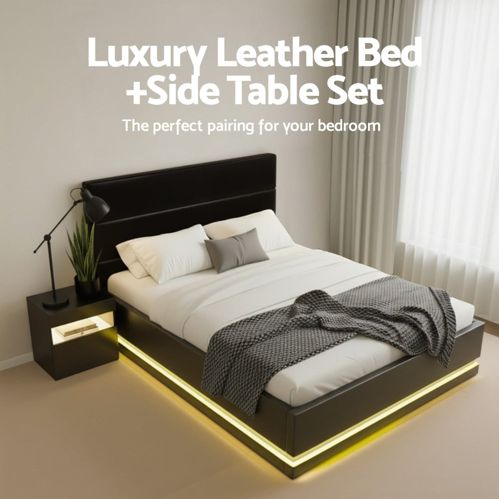RGB LED Double Bed Frame with Beside Table Set 16 Colour Mood Lighting Fast shipping On sale