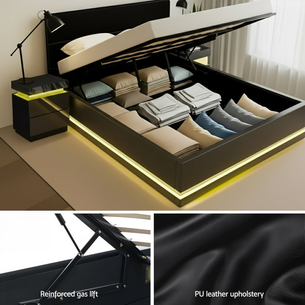 RGB LED Queen Bed Frame with 2 Beside Tables Set 16 Colour Mood Lighting Fast shipping On sale