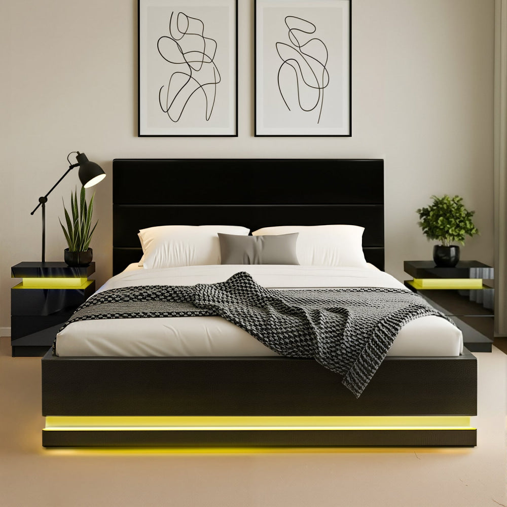 RGB LED Queen Bed Frame with 2 Beside Tables Set 16 Colour Mood Lighting Fast shipping On sale