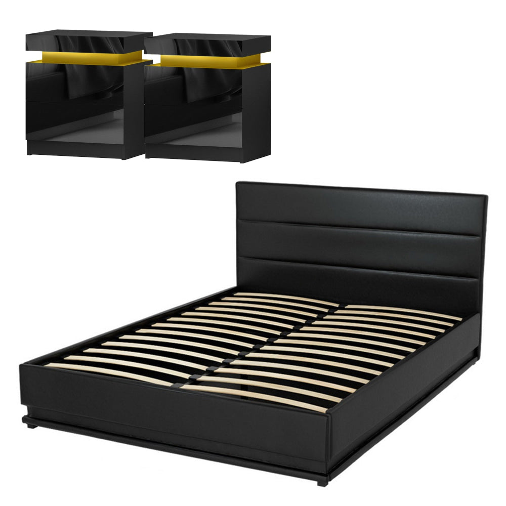 RGB LED Queen Bed Frame with 2 Beside Tables Set 16 Colour Mood Lighting Fast shipping On sale