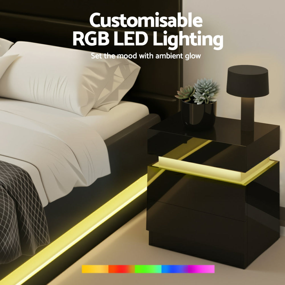 RGB LED Queen Bed Frame with 2 Beside Tables Set 16 Colour Mood Lighting Fast shipping On sale