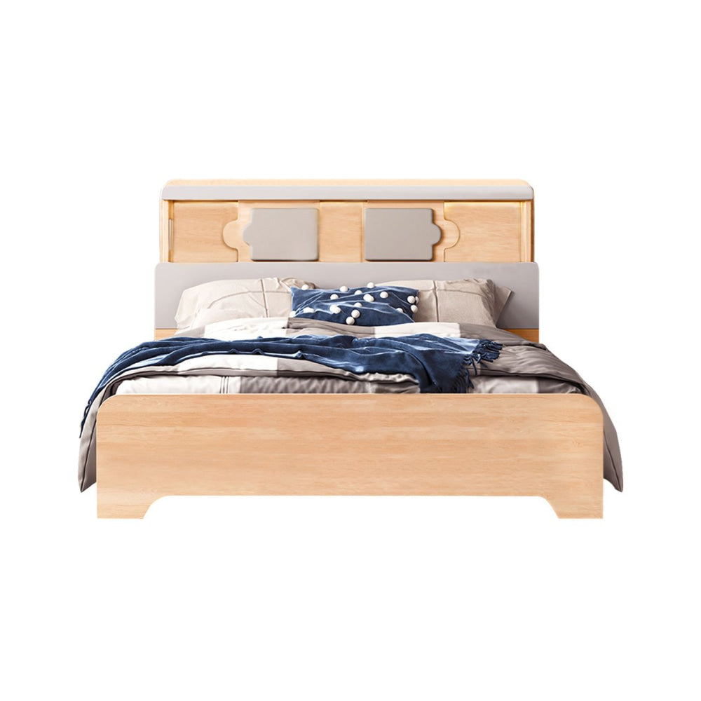 Scandinavian Wooden Bed Frame Built-In LED W/ Head Double Size Oak Fast shipping On sale