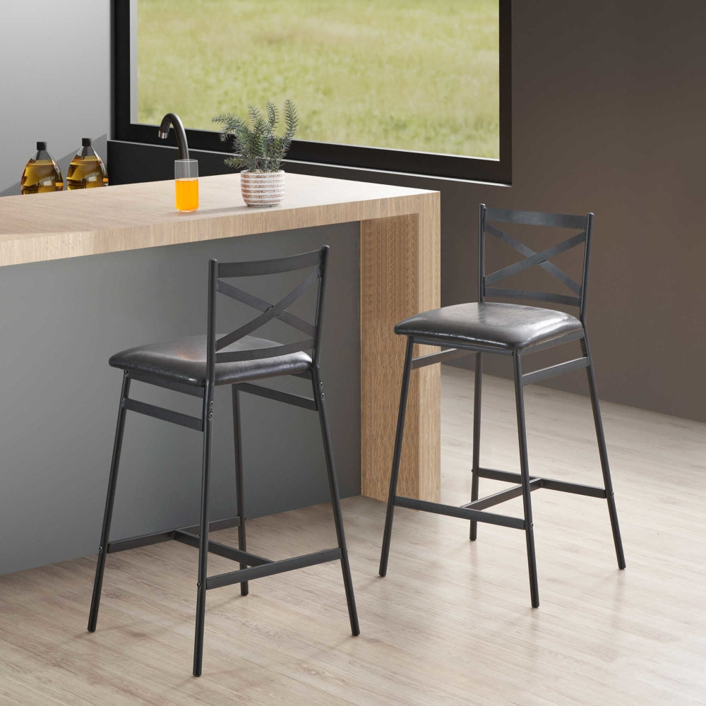 Set Of 2 Connie Metal Frame PU Seat Kitchen Counter Bar Stool - Black Fast shipping On sale