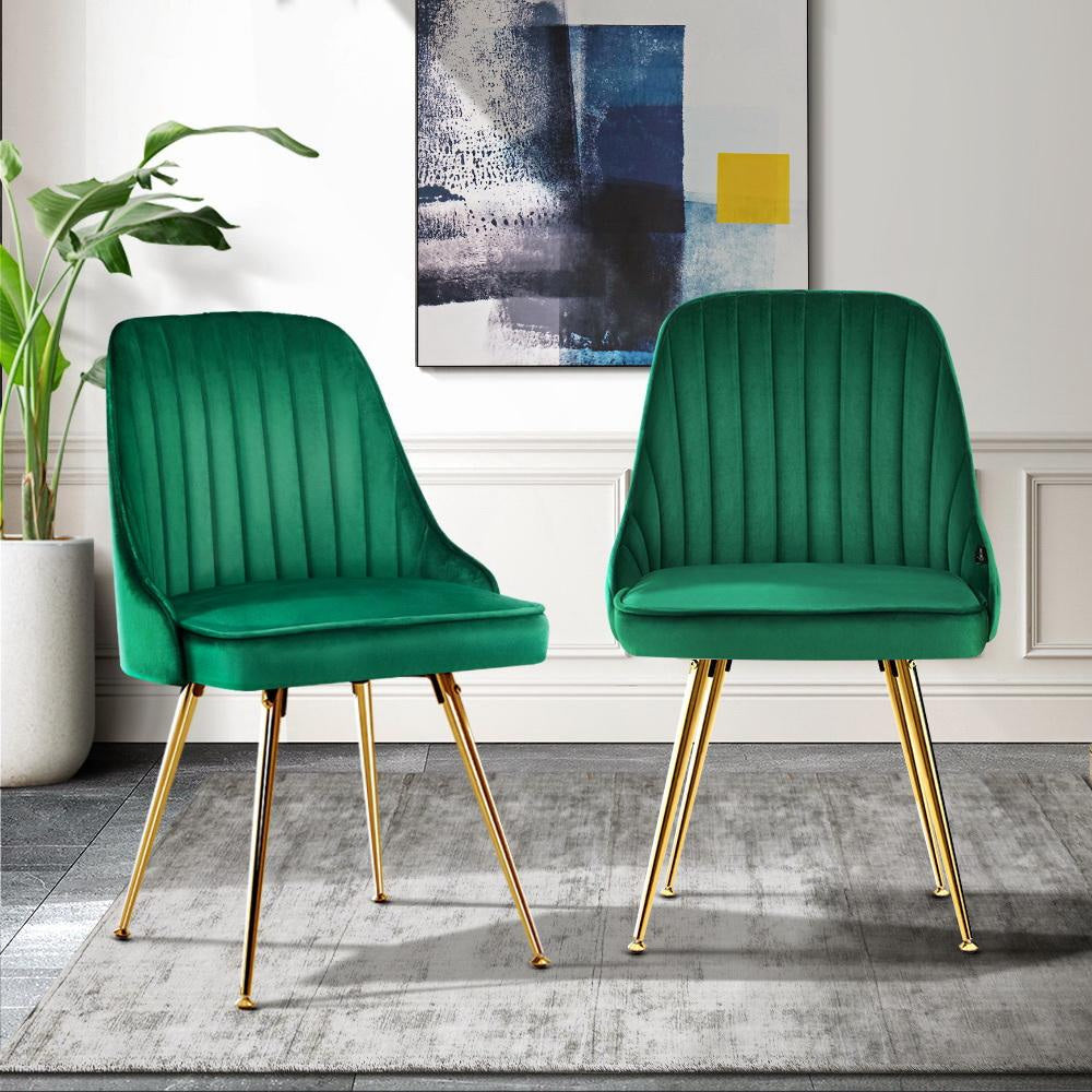Set of 2 Dining Chairs Retro Chair Cafe Kitchen Modern Metal Legs Velvet Green Fast shipping On sale