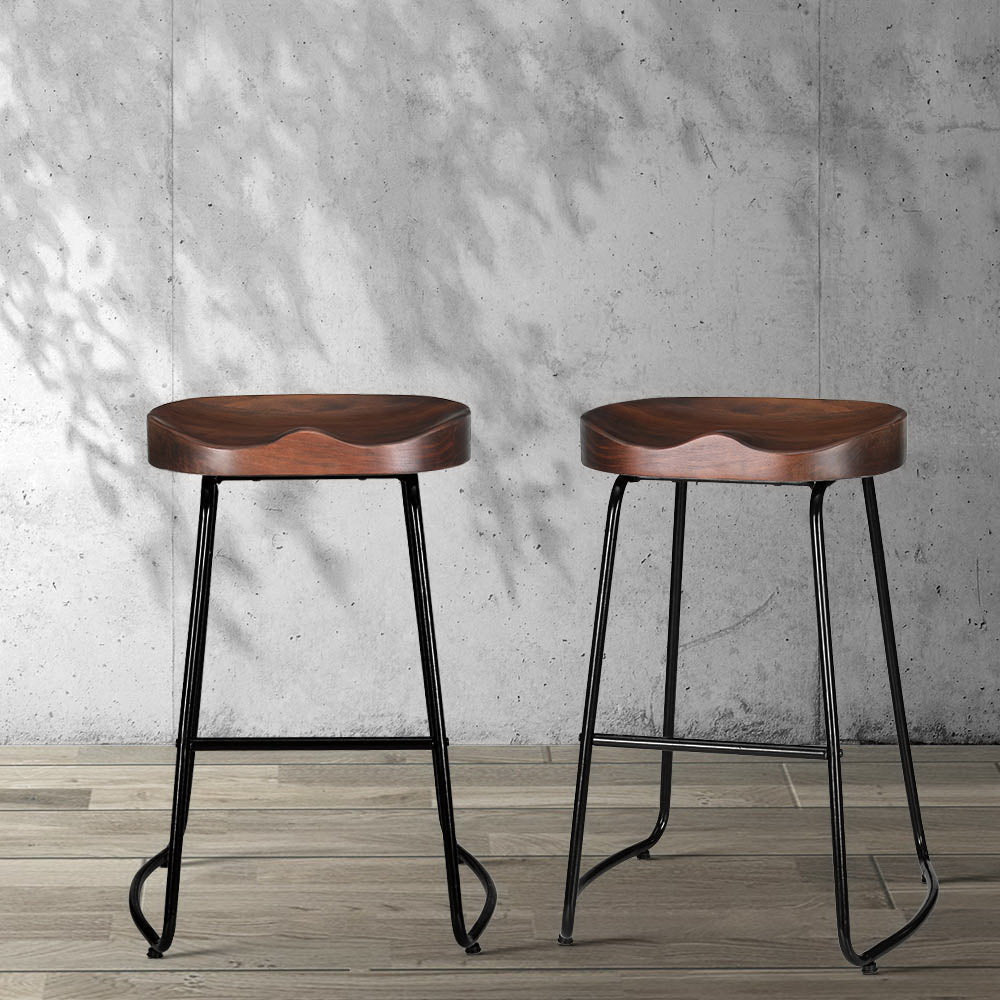 Set of 2 Elm Wood Backless Bar Stools 65cm - Black and Dark Natural Stool Fast shipping On sale