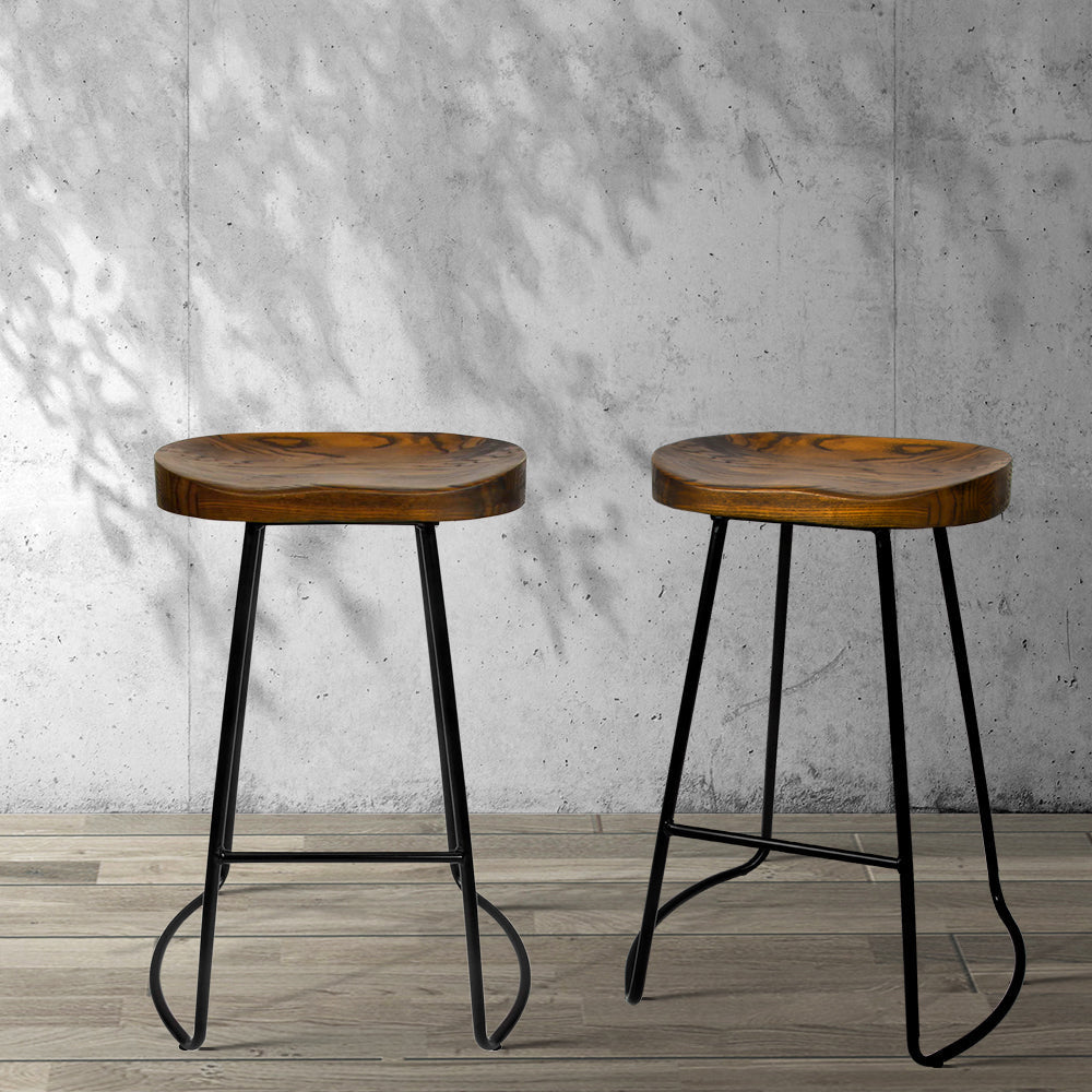 Set of 2 Elm Wood Backless Bar Stools 65cm - Black and Dark Natural Stool Fast shipping On sale