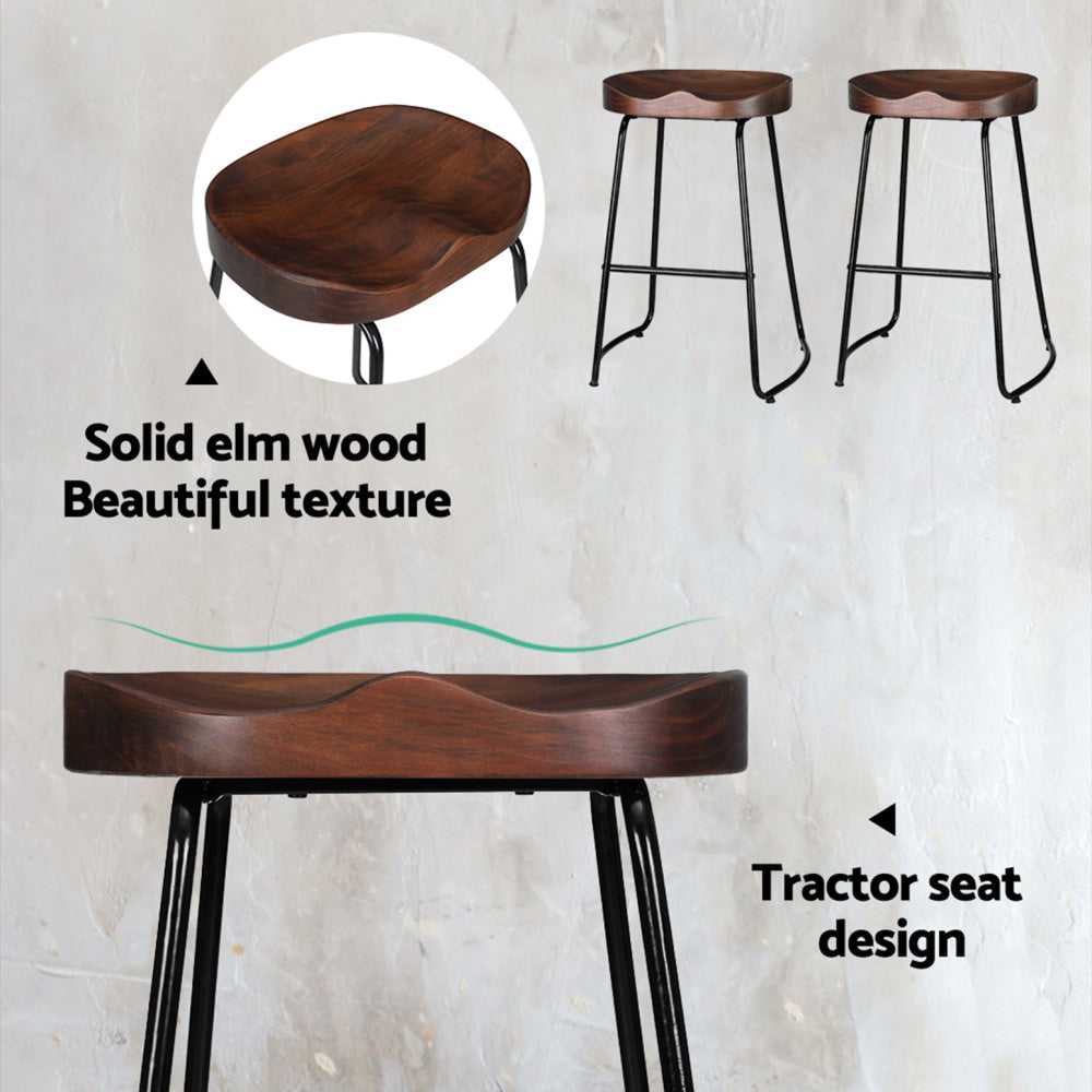 Set of 2 Elm Wood Backless Bar Stools 65cm - Black and Dark Natural Stool Fast shipping On sale