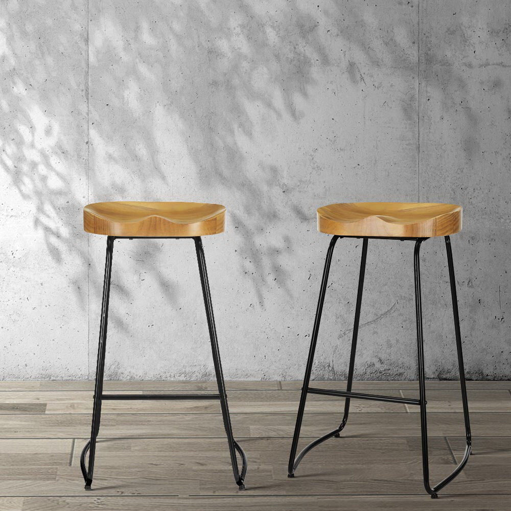 Set of 2 Elm Wood Backless Bar Stools 75cm - Black and Light Natural Stool Fast shipping On sale