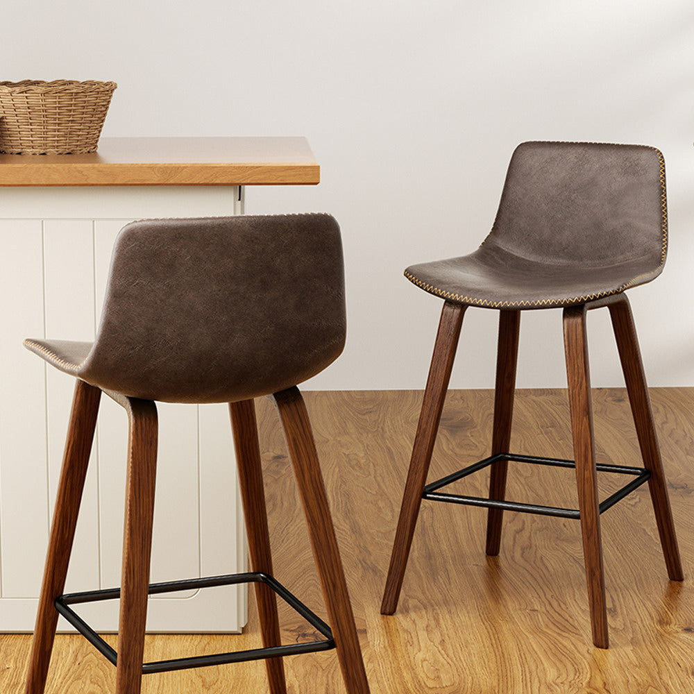 Set of 2 PU Leather Bar Stools Square Footrest - Wood and Brown Stool Fast shipping On sale