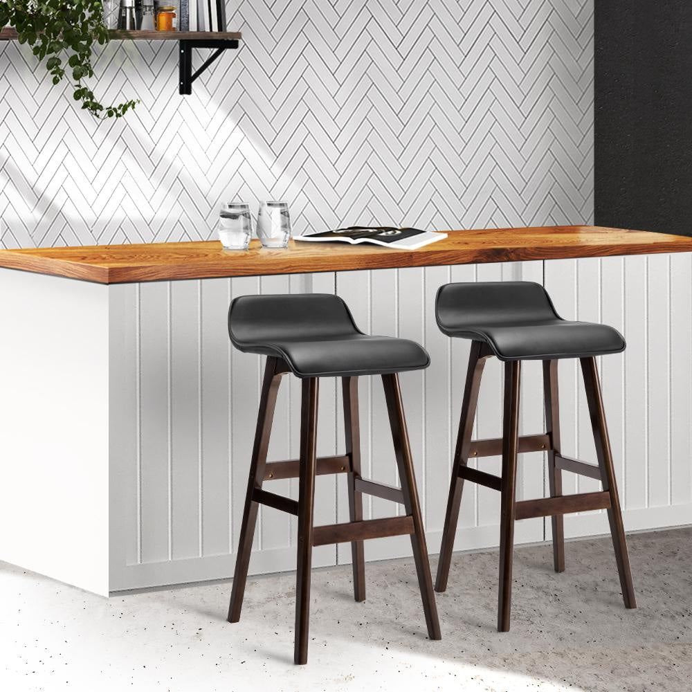 Set of 2 PU Leather Wood Wave Style Bar Stool - Black Fast shipping On sale
