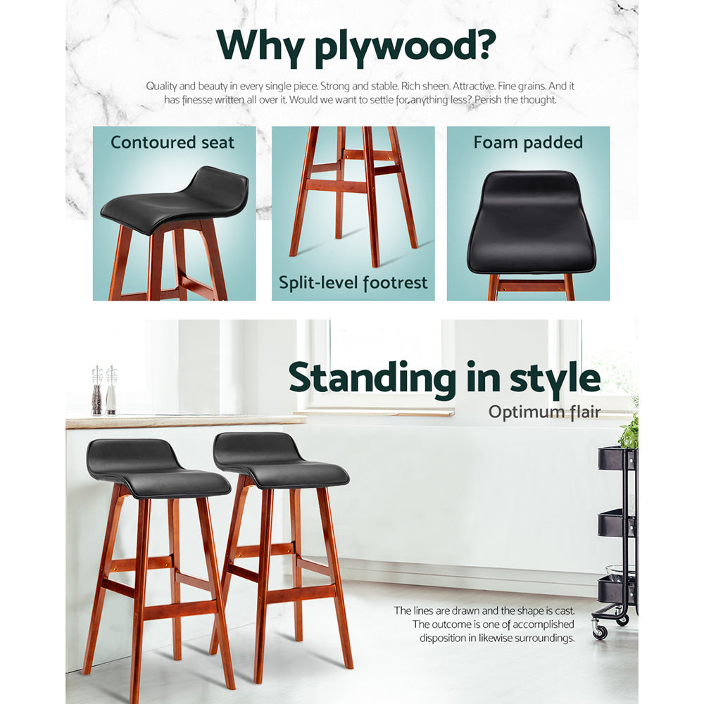 Set of 2 PU Leather Wood Wave Style Bar Stool - Black Fast shipping On sale