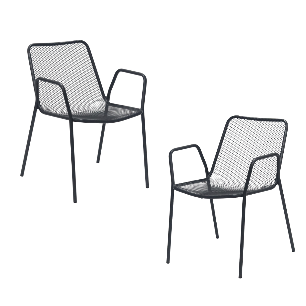 Set Of 2 Rhonda Antirust Treament Metal Outdoor Dining Arm Chair Black Fast shipping On sale