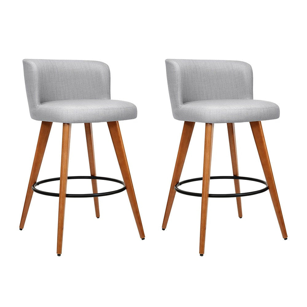 Set of 2 Wooden Fabric Bar Stools Circular Footrest - Light Grey Stool Fast shipping On sale