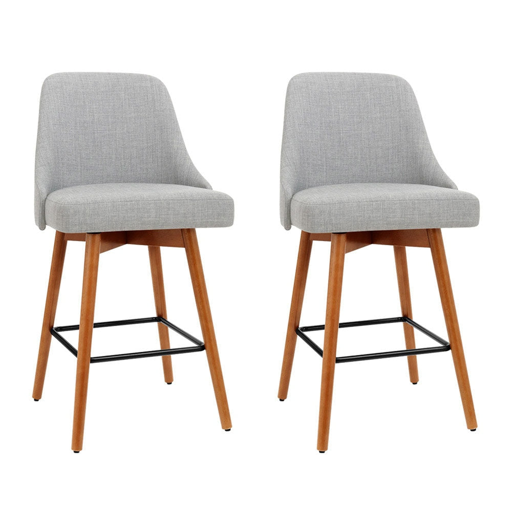 Set of 2 Wooden Fabric Bar Stools Square Footrest - Light Grey Stool Fast shipping On sale