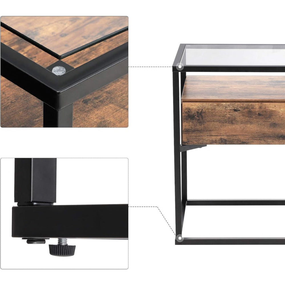 Side Table Tempered Glass End with Drawer and Shelf Rustic Brown Black Fast shipping On sale