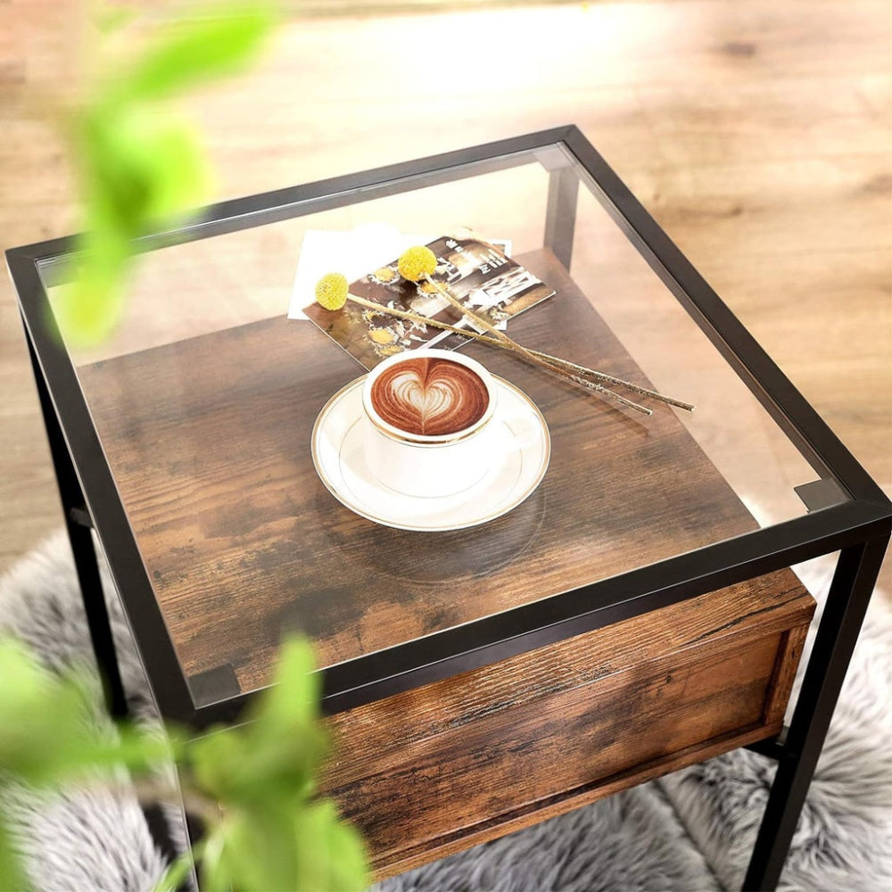 Side Table Tempered Glass End with Drawer and Shelf Rustic Brown Black Fast shipping On sale