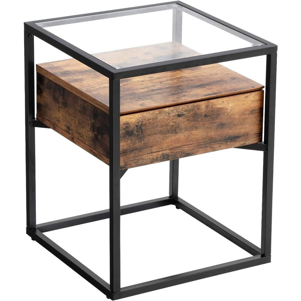 Side Table Tempered Glass End with Drawer and Shelf Rustic Brown Black Fast shipping On sale