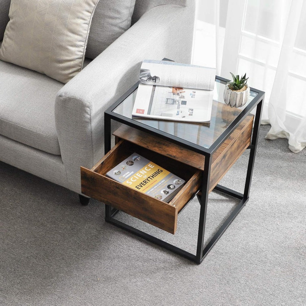 Side Table Tempered Glass End with Drawer and Shelf Rustic Brown Black Fast shipping On sale