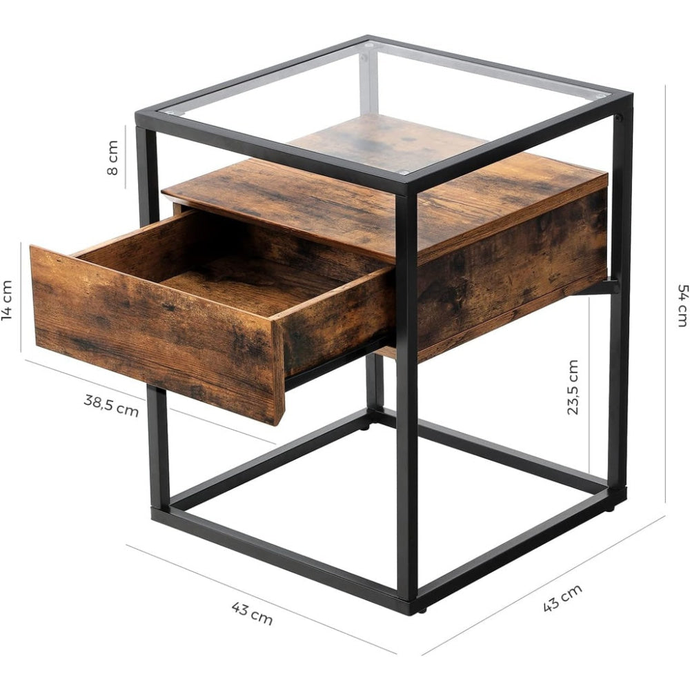 Side Table Tempered Glass End with Drawer and Shelf Rustic Brown Black Fast shipping On sale