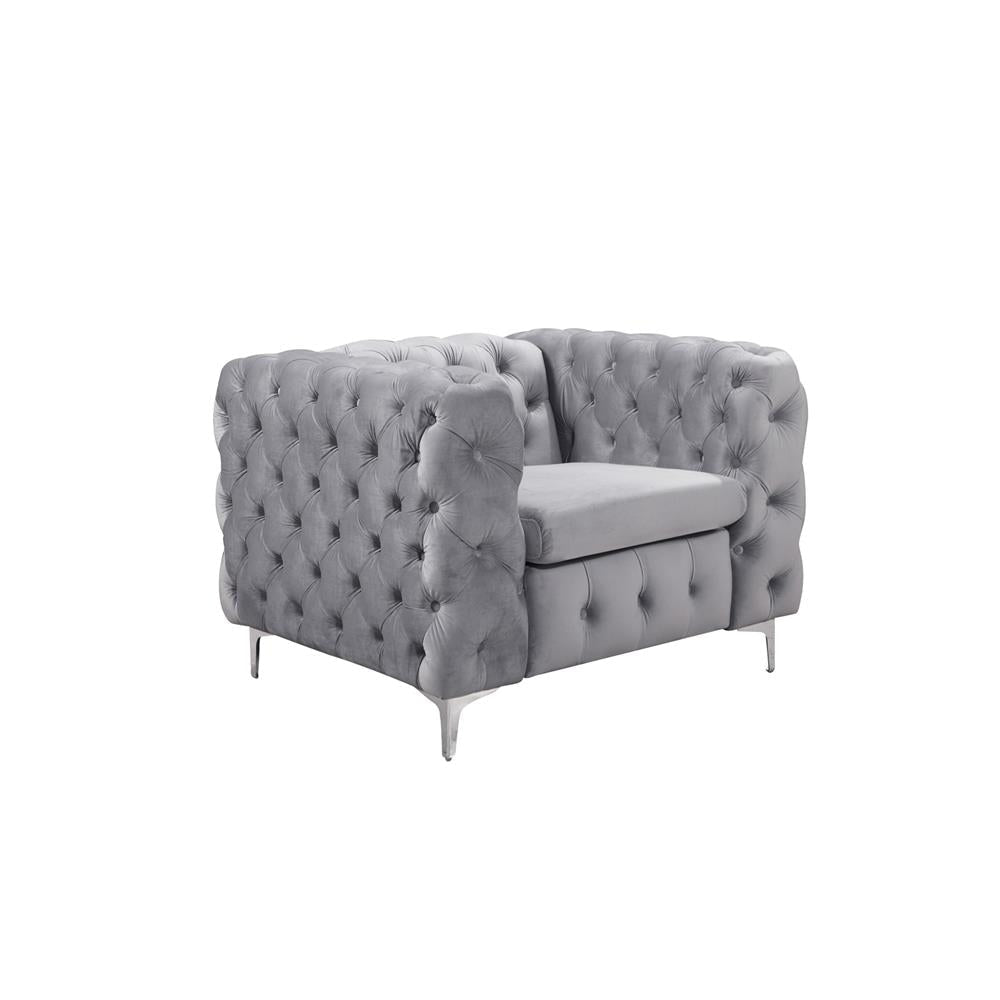 Single Seater Grey Sofa Classic Armchair Button Tufted in Velvet Fabric with Metal Legs Fast shipping On sale