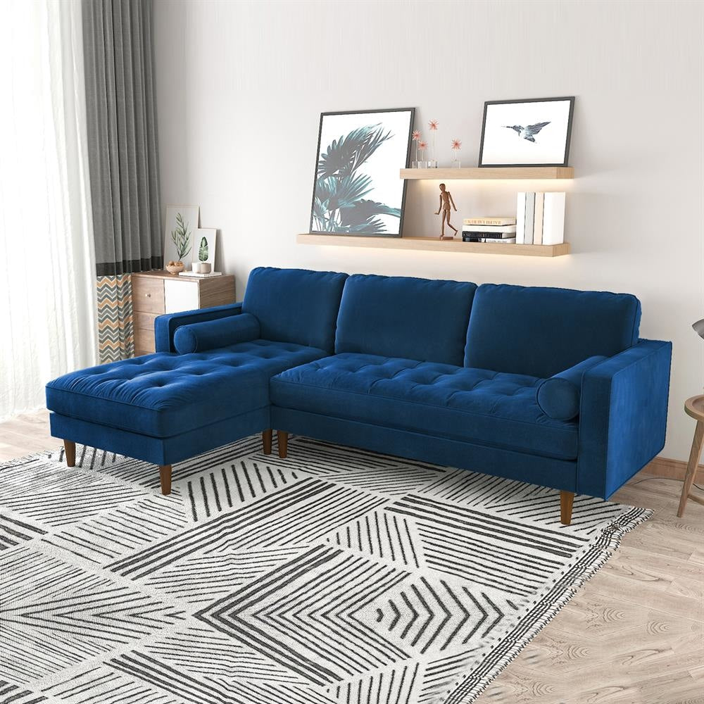 Sofa Chaise Navy Blue Colour Seamed Grid Pattern Pocket Spring Side Pillows Oblique Legs Fast shipping On sale