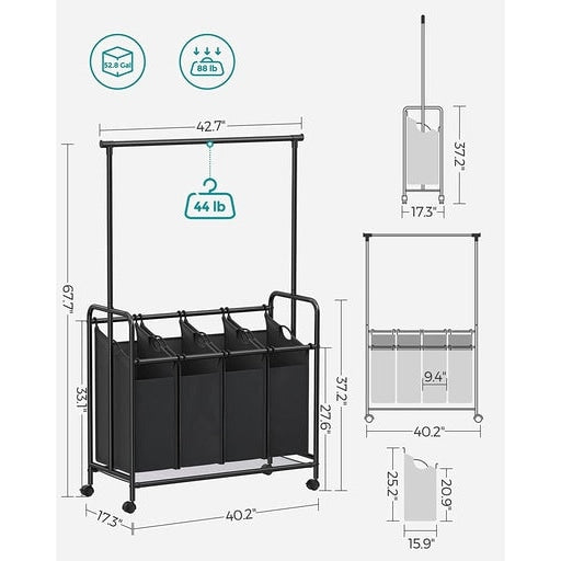 Songmics 4-Bag Laundry Sorter Rolling Cart with Hanging Bar - Black Bathroom Hampers Fast shipping On sale