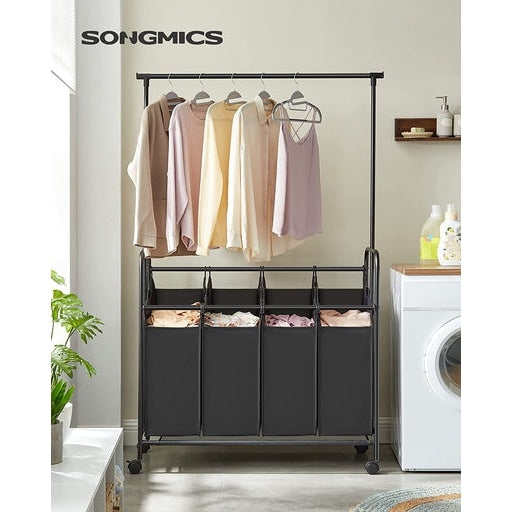 Songmics 4-Bag Laundry Sorter Rolling Cart with Hanging Bar - Black Bathroom Hampers Fast shipping On sale