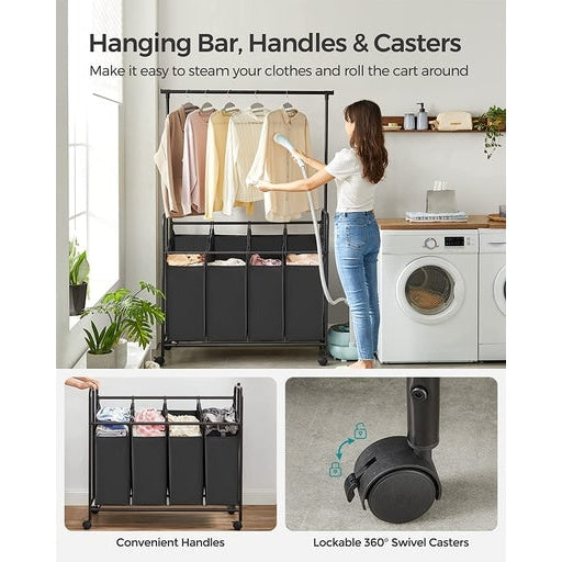 Songmics 4-Bag Laundry Sorter Rolling Cart with Hanging Bar - Black Bathroom Hampers Fast shipping On sale