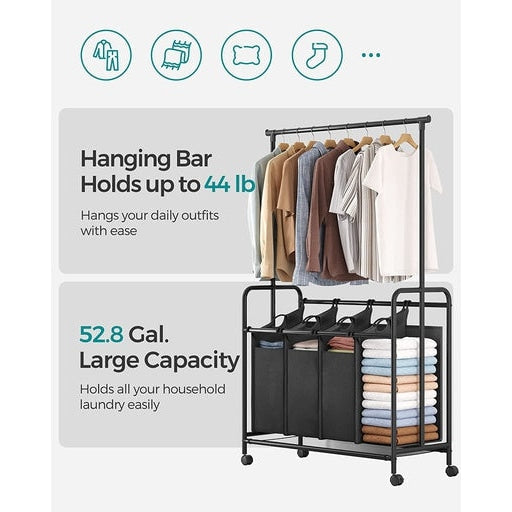 Songmics 4-Bag Laundry Sorter Rolling Cart with Hanging Bar - Black Bathroom Hampers Fast shipping On sale