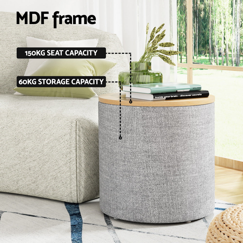 Storage Ottoman Blanket Box 40cm Linen Round Grey Fast shipping On sale