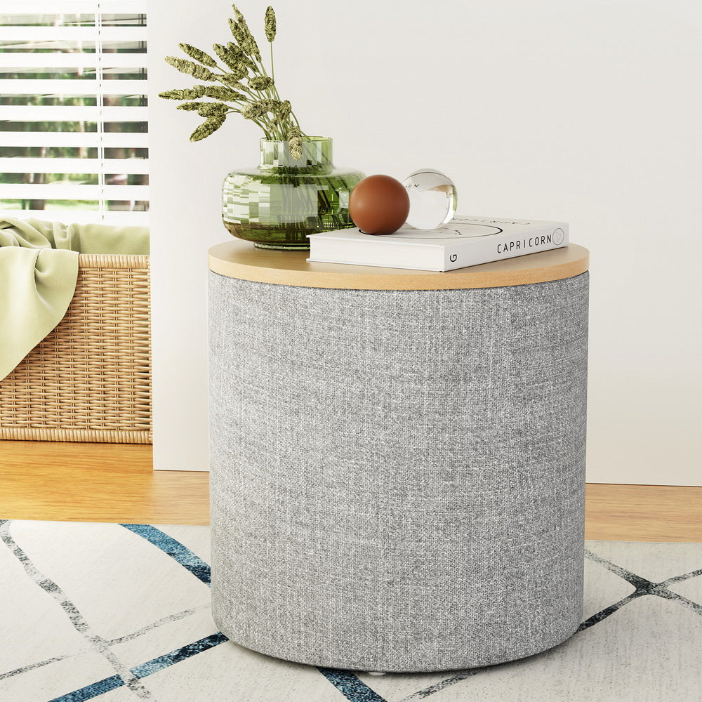 Storage Ottoman Blanket Box 40cm Linen Round Grey Fast shipping On sale