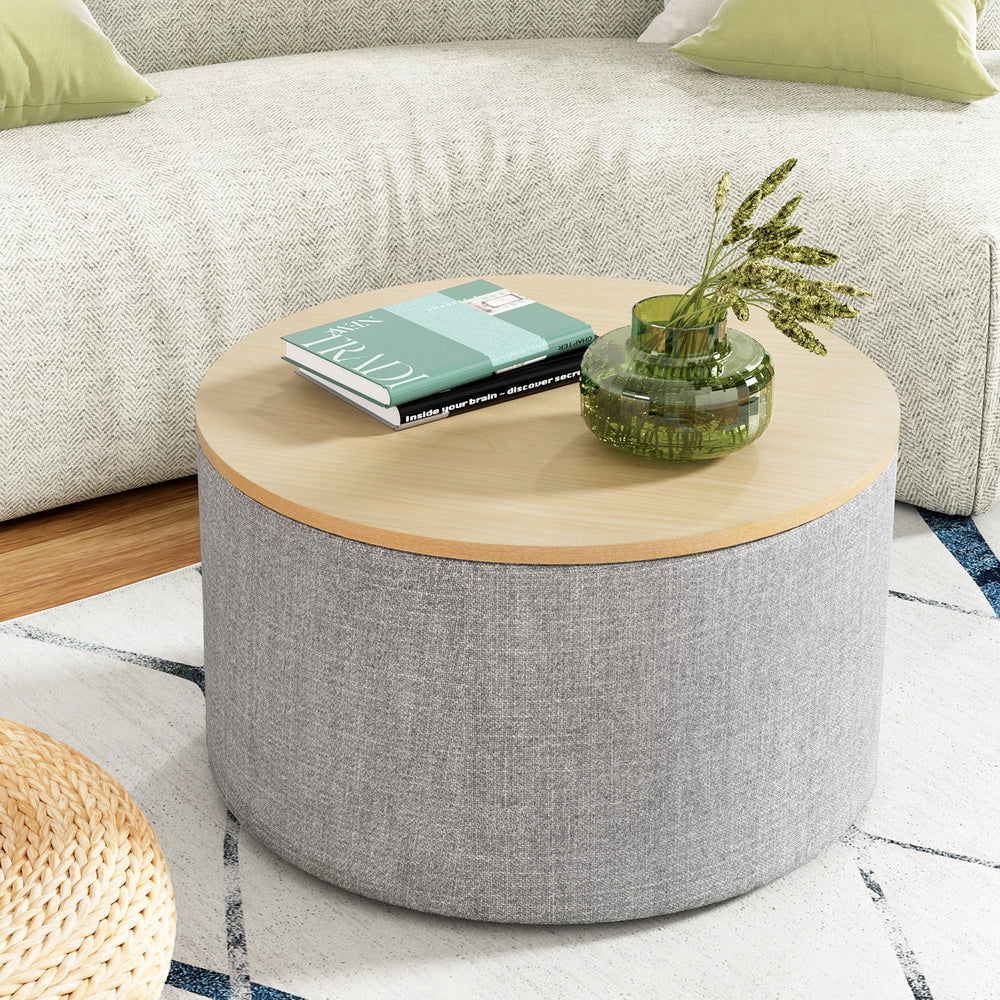 Storage Ottoman Blanket Box 60cm Linen Round Grey Fast shipping On sale