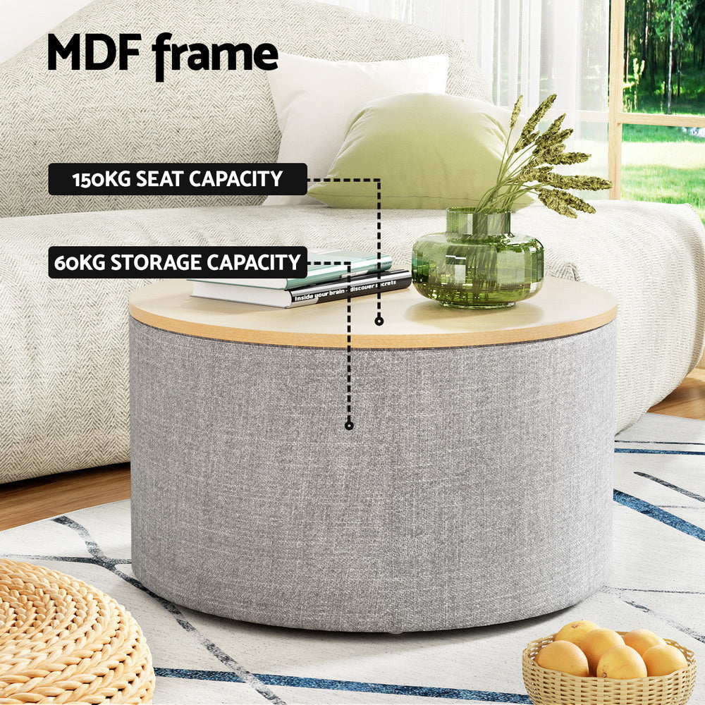 Storage Ottoman Blanket Box 60cm Linen Round Grey Fast shipping On sale