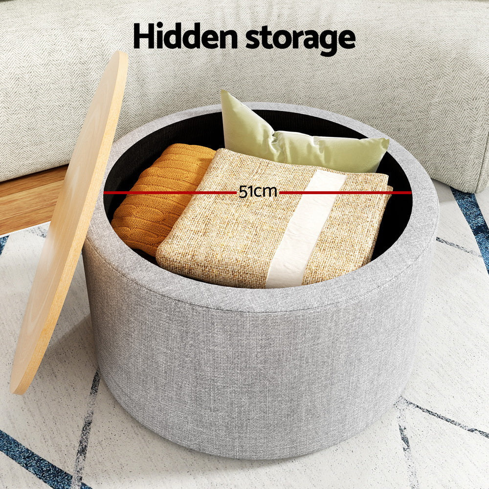 Storage Ottoman Blanket Box 60cm Linen Round Grey Fast shipping On sale