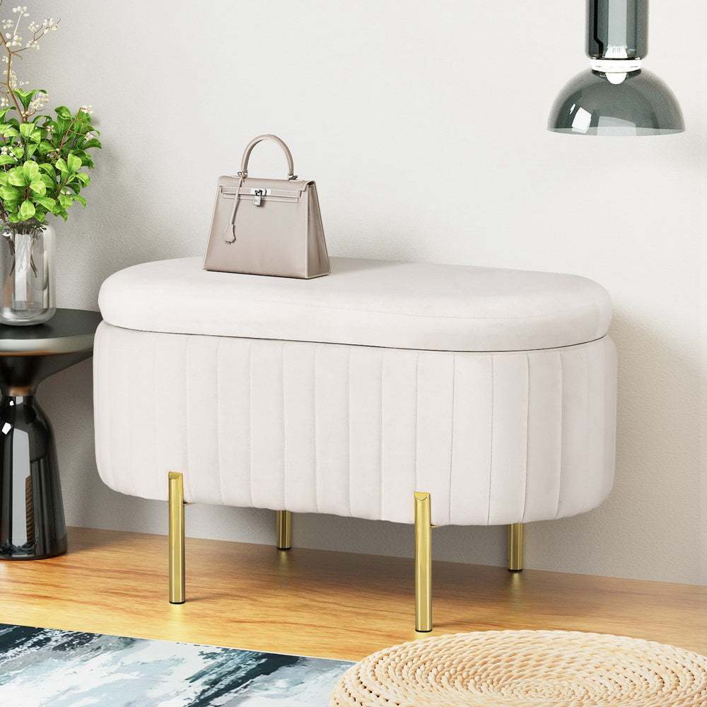 Storage Ottoman Blanket Box 87cm Velvet Oval White Fast shipping On sale