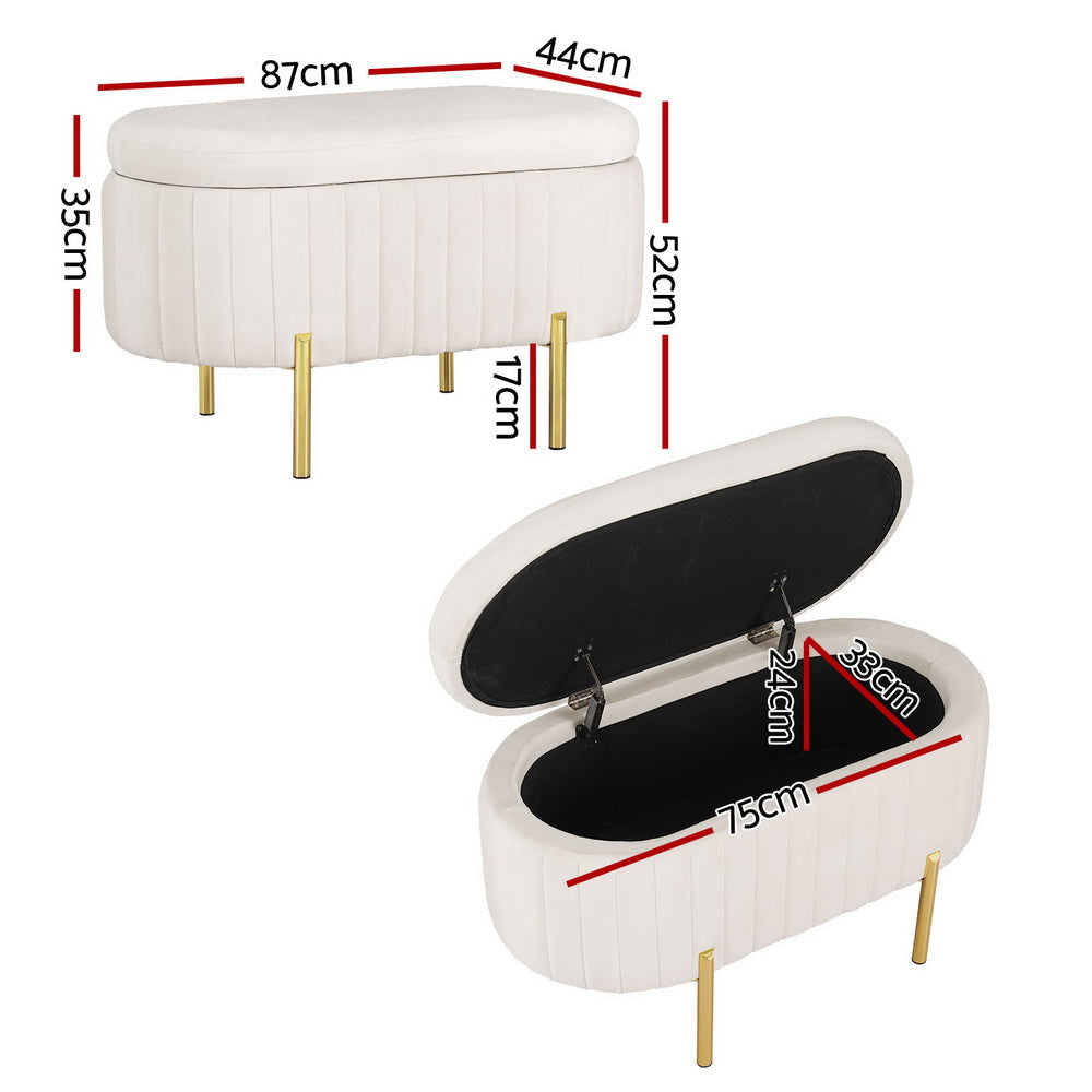 Storage Ottoman Blanket Box 87cm Velvet Oval White Fast shipping On sale