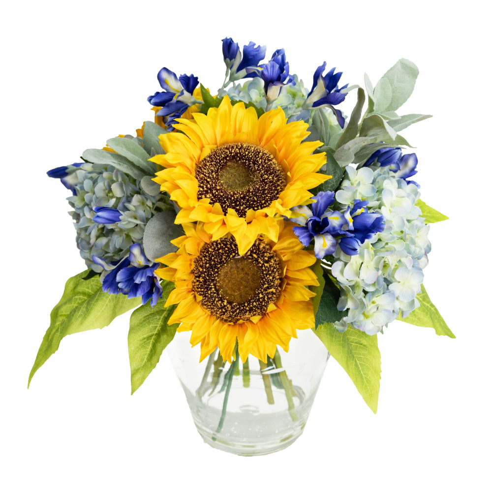 Sun Flower & Hydrangea Artificial Faux Plant Decorative Mixed Arrangement 45cm In Glass Fast shipping On sale