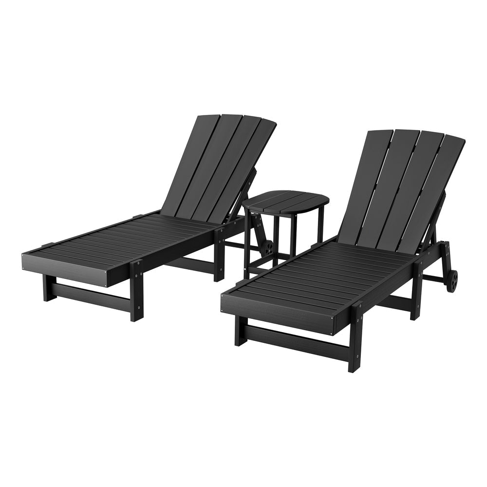 Sun Lounge Lounger Table and Chairs Beach Chair HDPE Patio Outdoor Furniture Wheels Black Fast shipping On sale