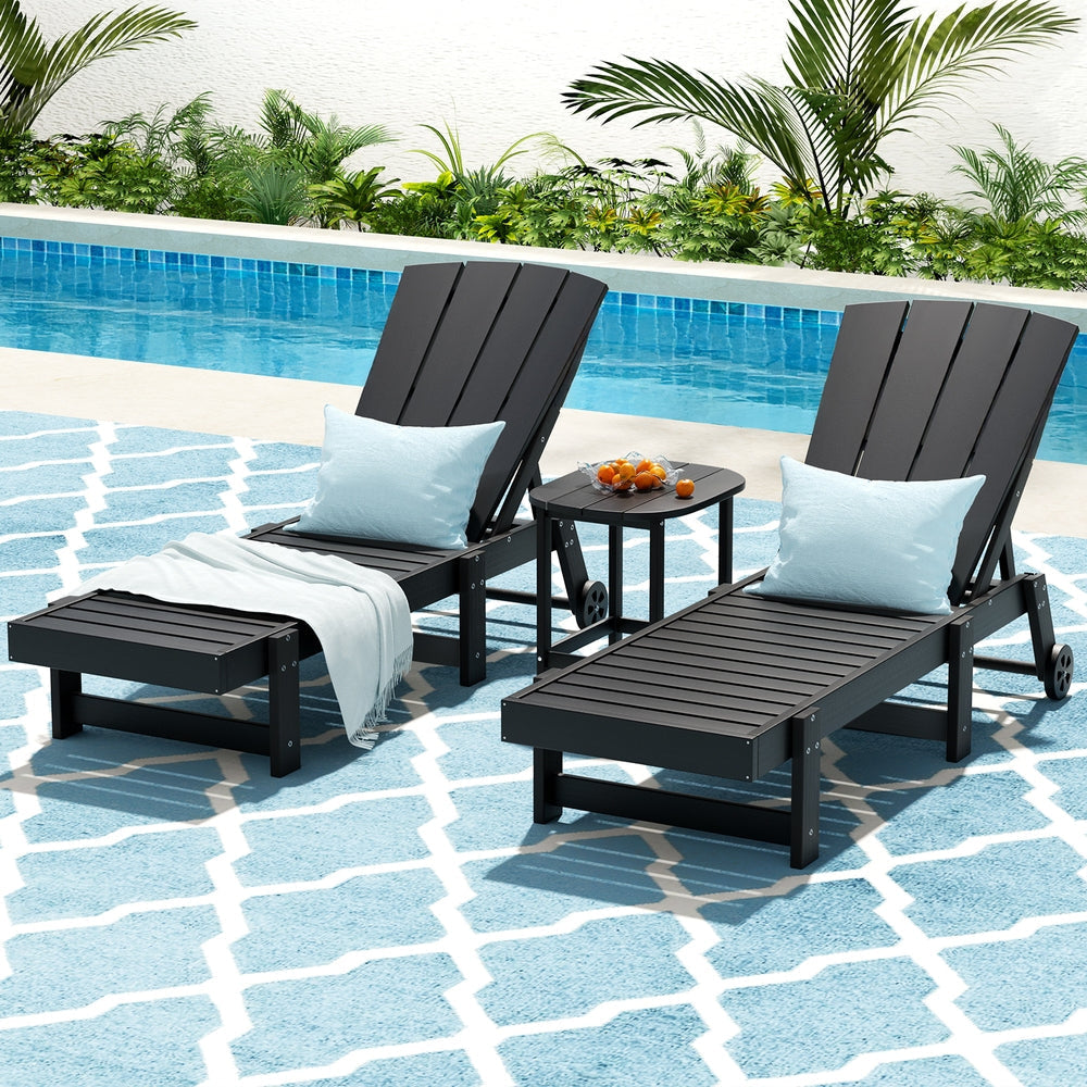 Sun Lounge Lounger Table and Chairs Beach Chair HDPE Patio Outdoor Furniture Wheels Black Fast shipping On sale