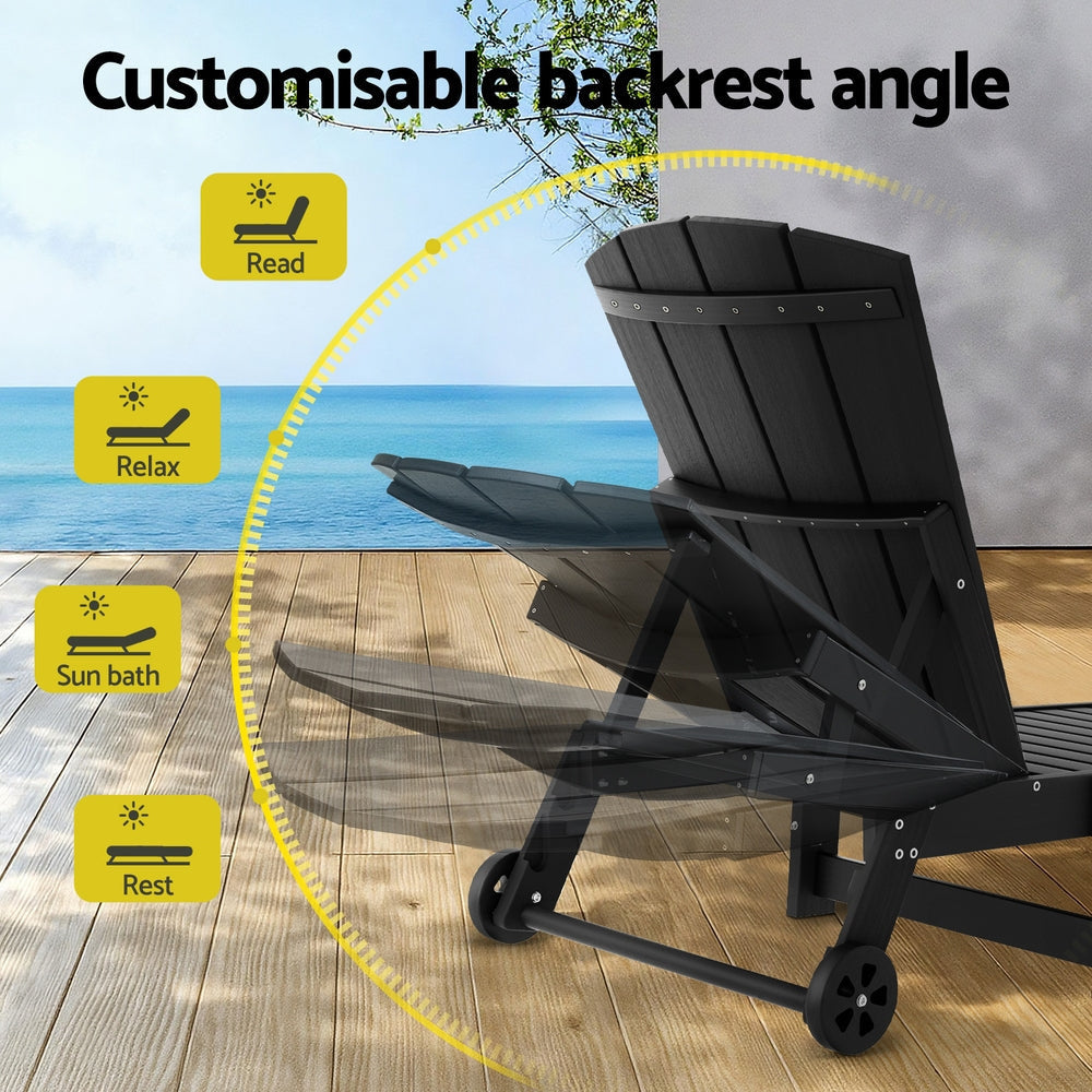 Sun Lounge Lounger Table and Chairs Beach Chair HDPE Patio Outdoor Furniture Wheels Black Fast shipping On sale