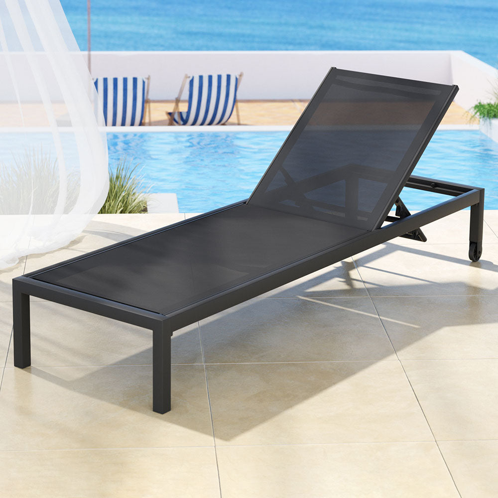 Sun Lounge Outdoor Lounger Aluminium Folding Beach Chair Wheels Black Furniture Fast shipping On sale