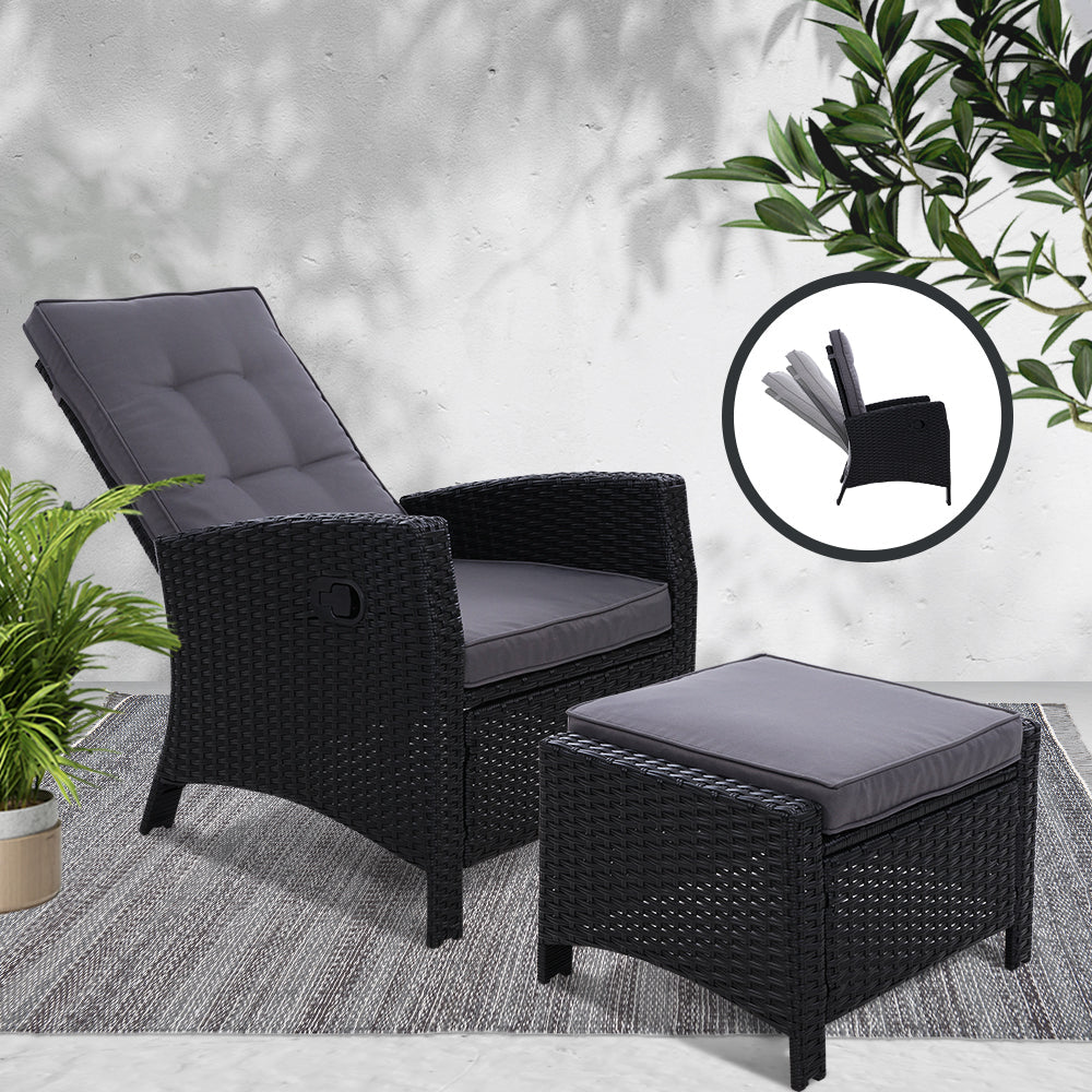 Sun lounge Recliner Chair Wicker Lounger Sofa Day Bed Outdoor Furniture Patio Garden Cushion Ottoman Black Gardeon Sets Fast shipping