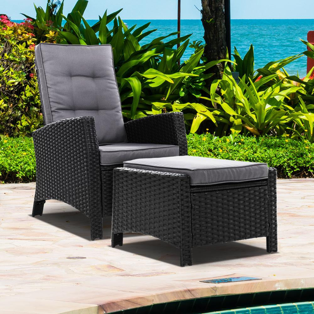 Sun lounge Recliner Chair Wicker Lounger Sofa Day Bed Outdoor Furniture Patio Garden Cushion Ottoman Black Gardeon Sets Fast shipping