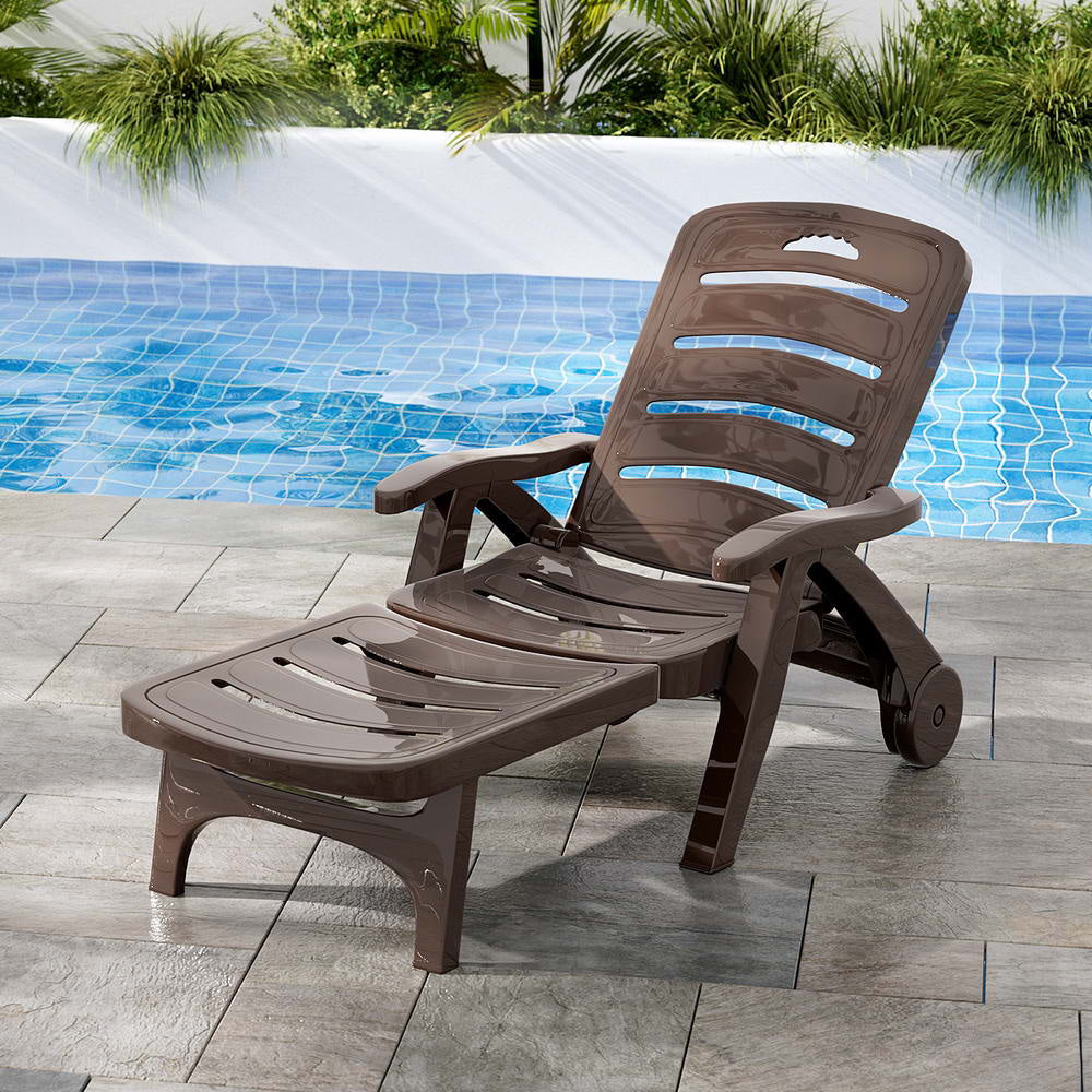 Sun Lounger Folding Lounge Chair Wheels Patio Outdoor Furniture Brown Fast shipping On sale