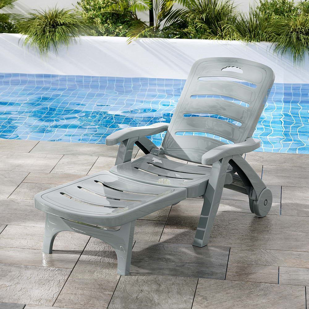 Sun Lounger Folding Lounge Chair Wheels Patio Outdoor Furniture Grey Fast shipping On sale