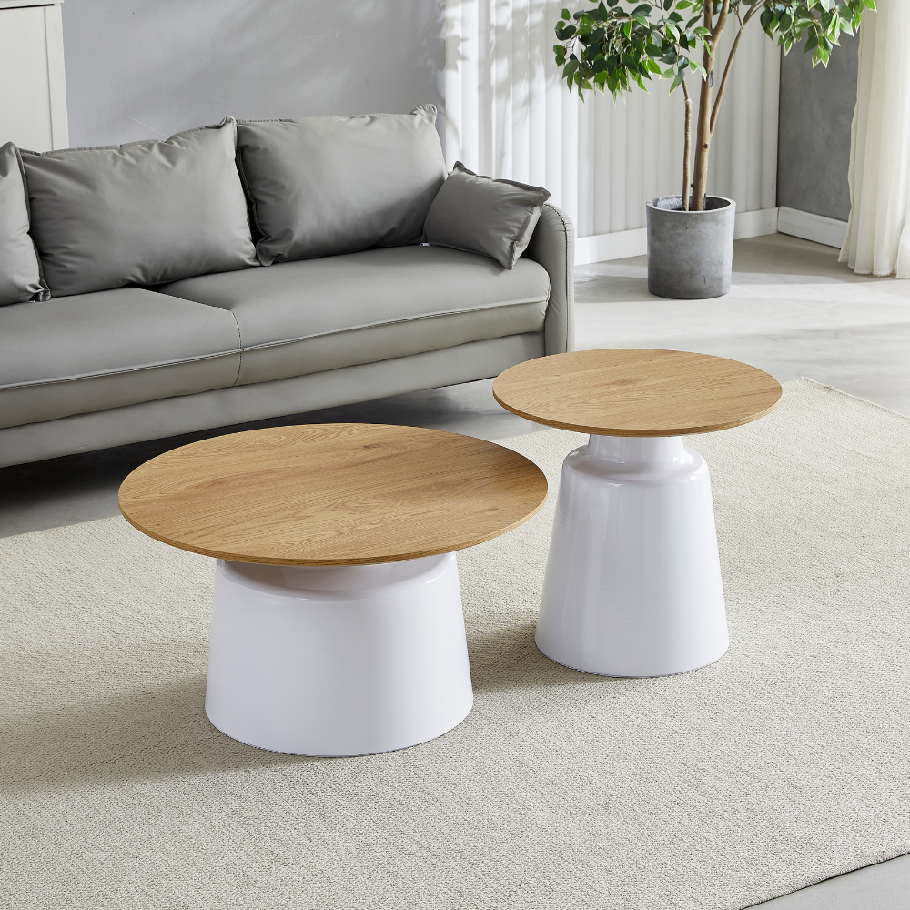 Sunny Wooden Top Metal Base Round Nesting Coffee Table Set Oak Fast shipping On sale