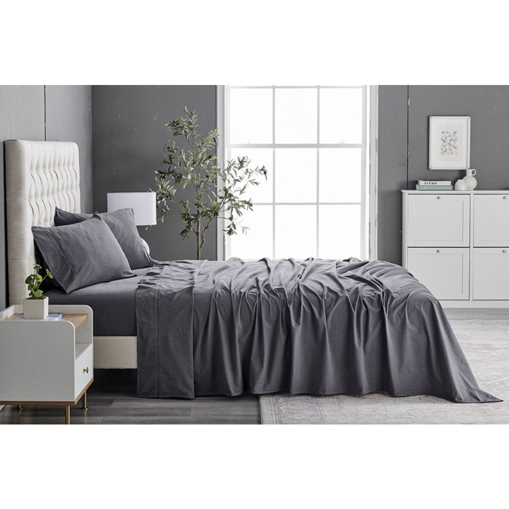 Sydney Stonewash Cotton Bed Sheet Set Castlerock Charcoal Double Fast shipping On sale