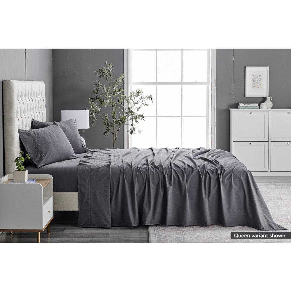 Sydney Stonewash Cotton Bed Sheet Set Castlerock Charcoal Double Fast shipping On sale