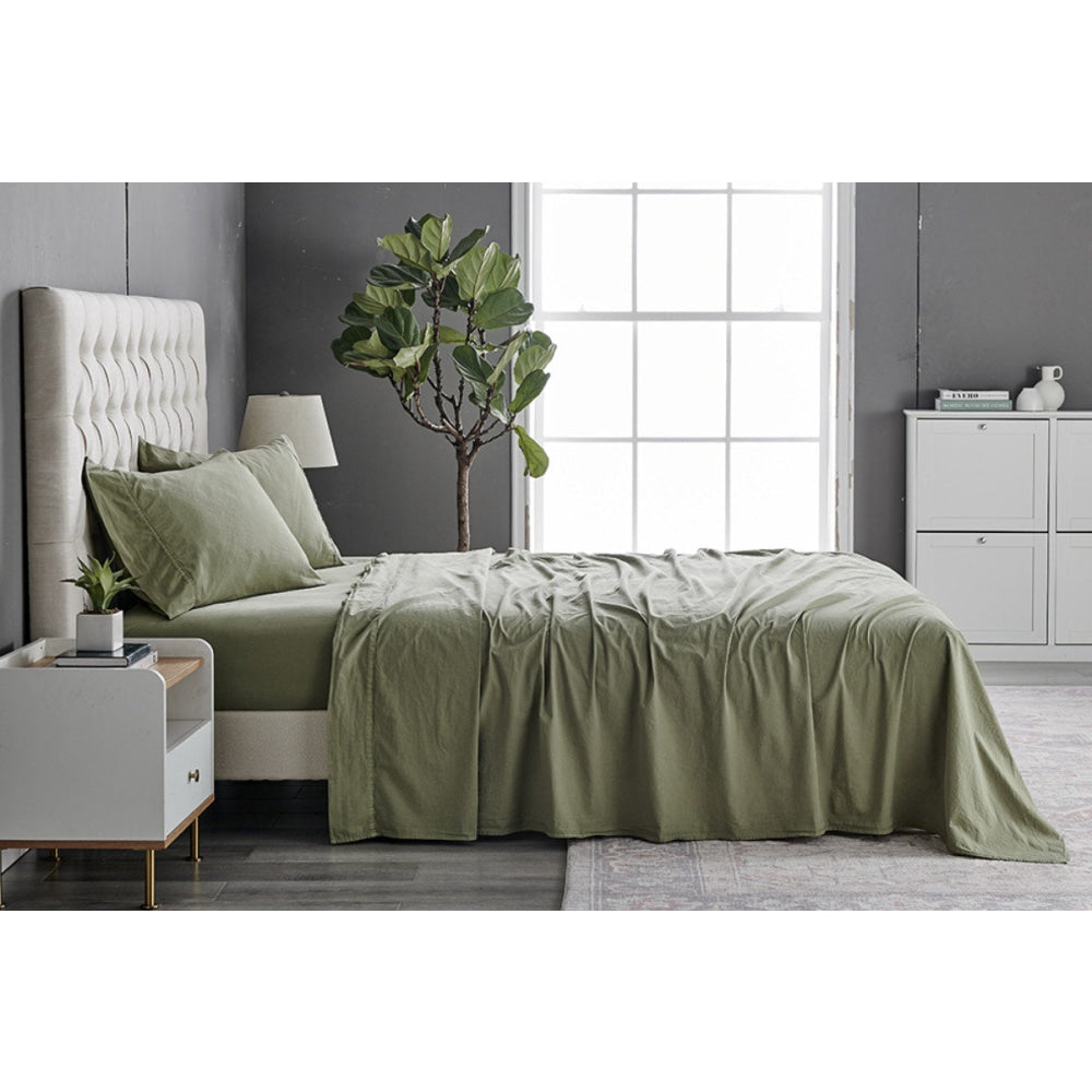 Sydney Stonewash Cotton Bed Sheet Set Oil Green King Fast shipping On sale