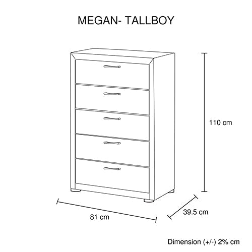 Tallboy with 5 Storage Drawers Assembled Particle board Construction in Grey Colour Chest Of Fast shipping On sale